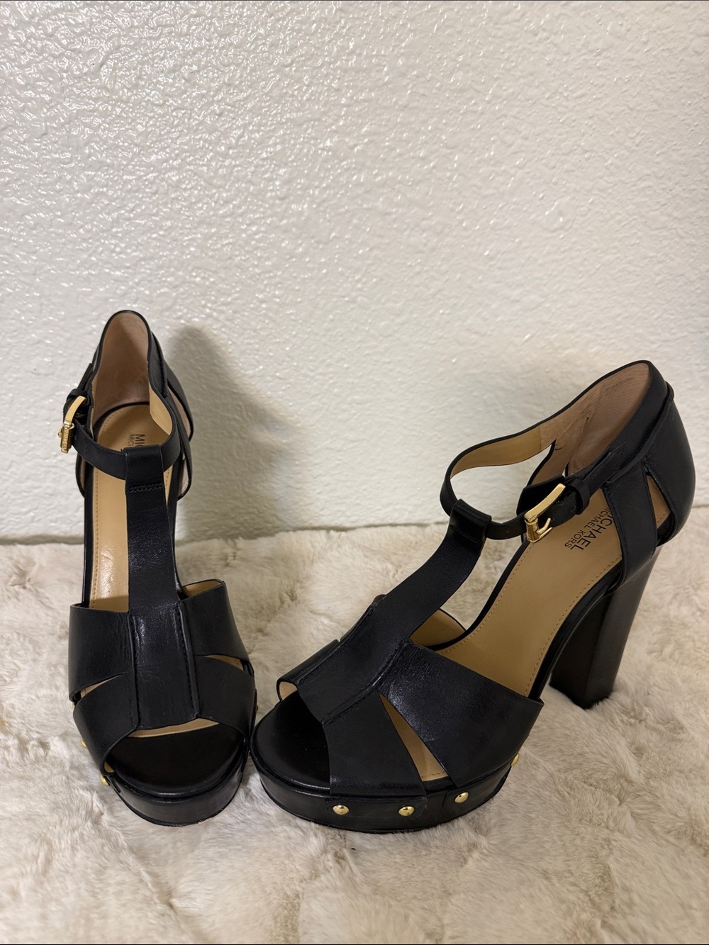 Michael Kors Black T-Strap Platform Block Heels 2016